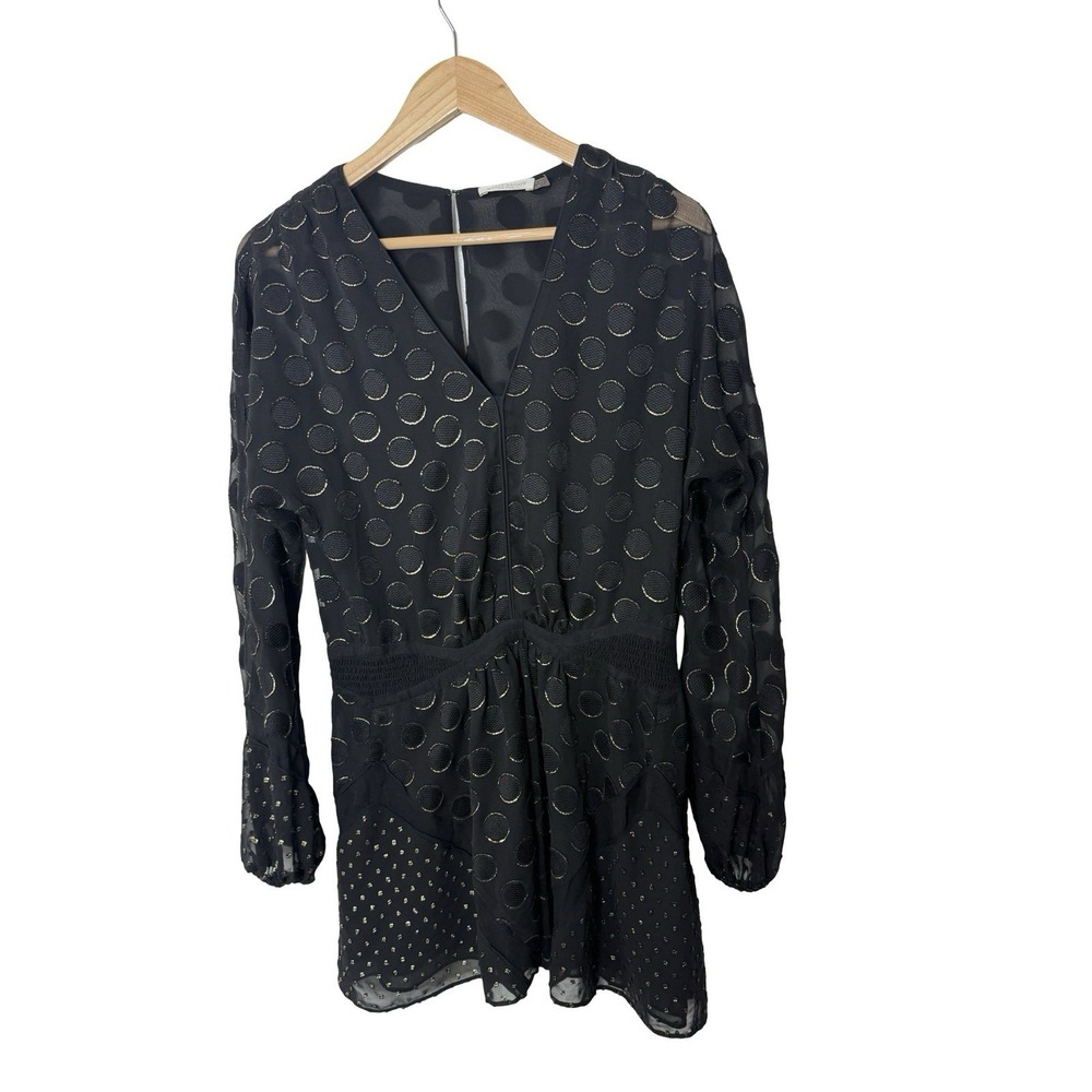 Ramy Brook Long Sleeve V Neck Polka Dot Mini Dress Black Womens Size XS